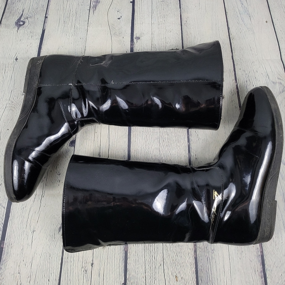 PERTTI PALMROTH | pull-on faux fur lined patent mid calf boots